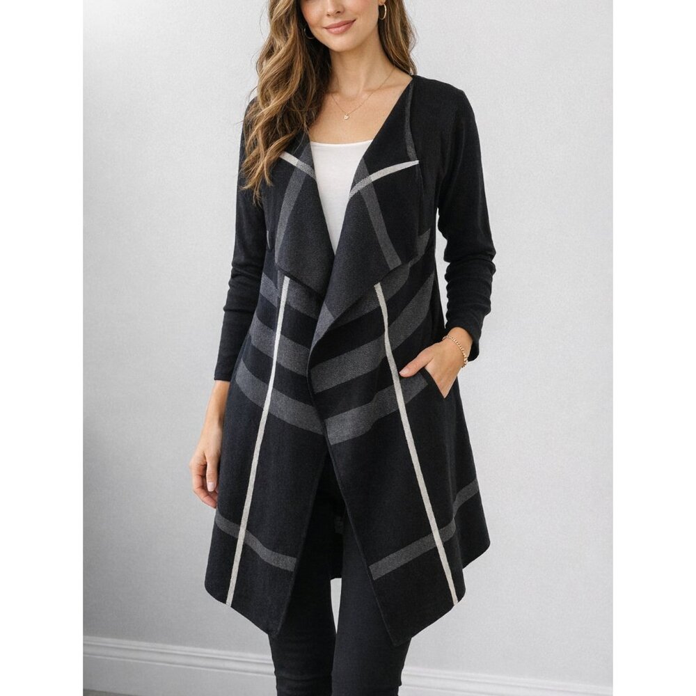 Angel Apparel Black Grey Plaid Waterfall Cardigan Women's L Longline